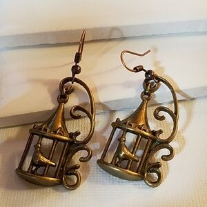 Bird Cage Antique Gold Faux Earrings 1.5"